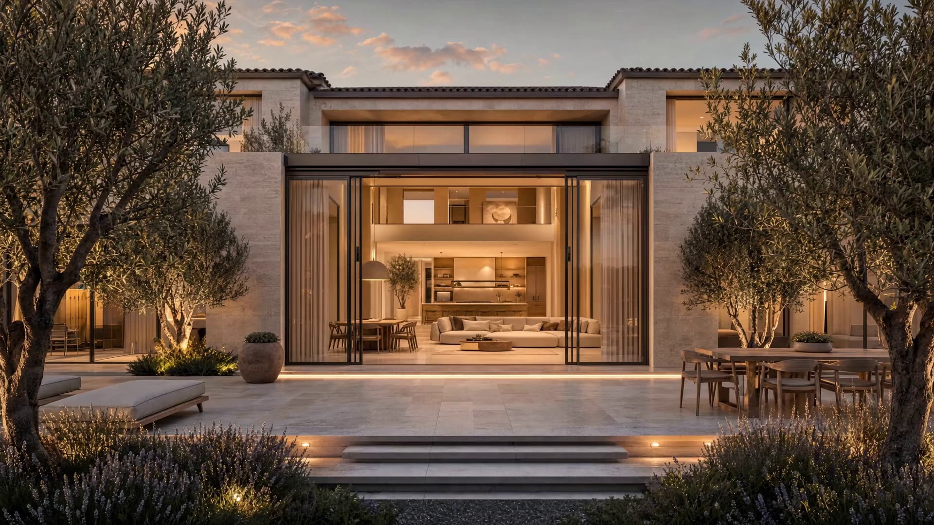 Vivienda mediterránea contemporánea al atardecer vista desde el jardín