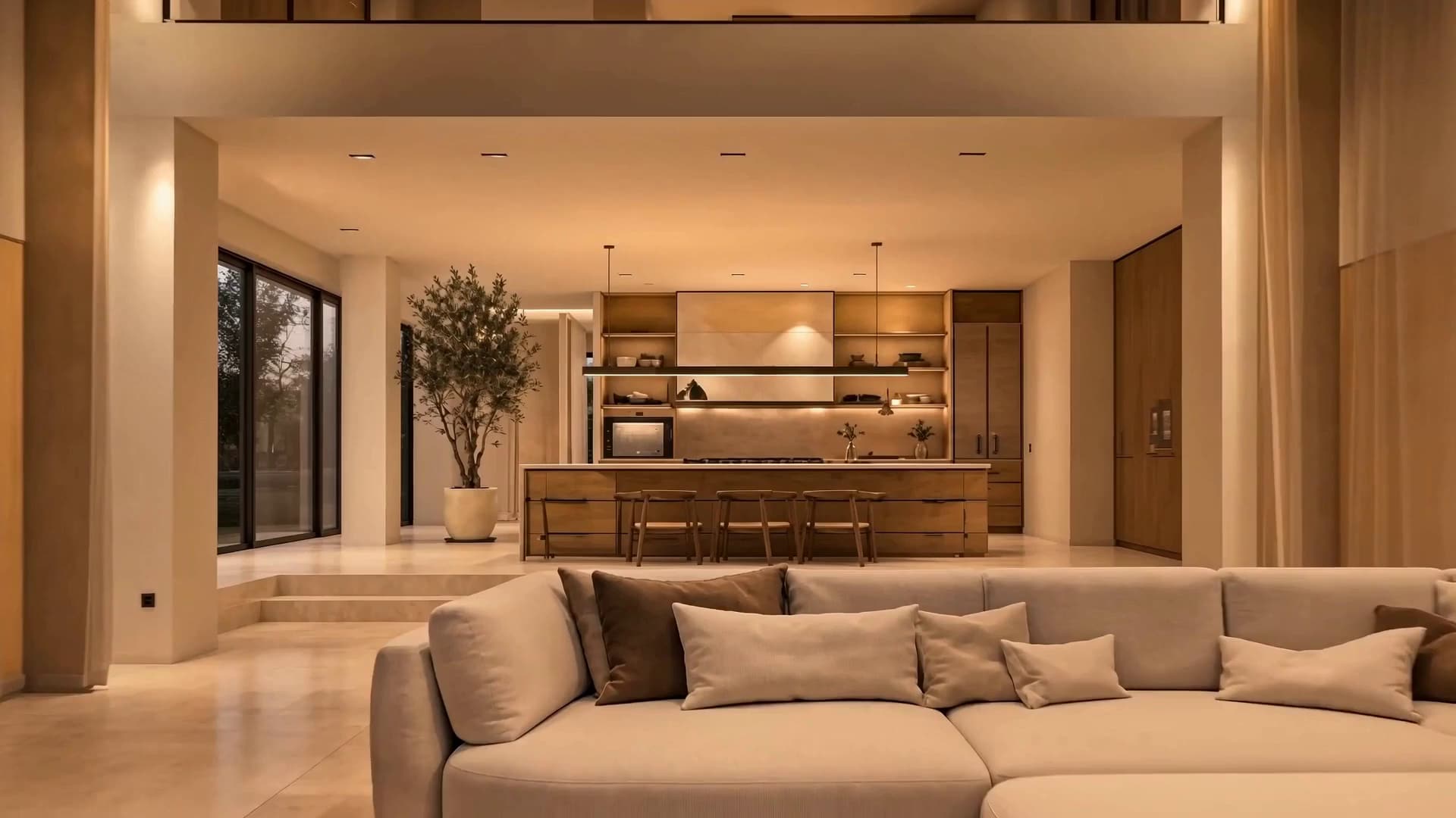 Salón a doble altura con sofá y comedor de roble