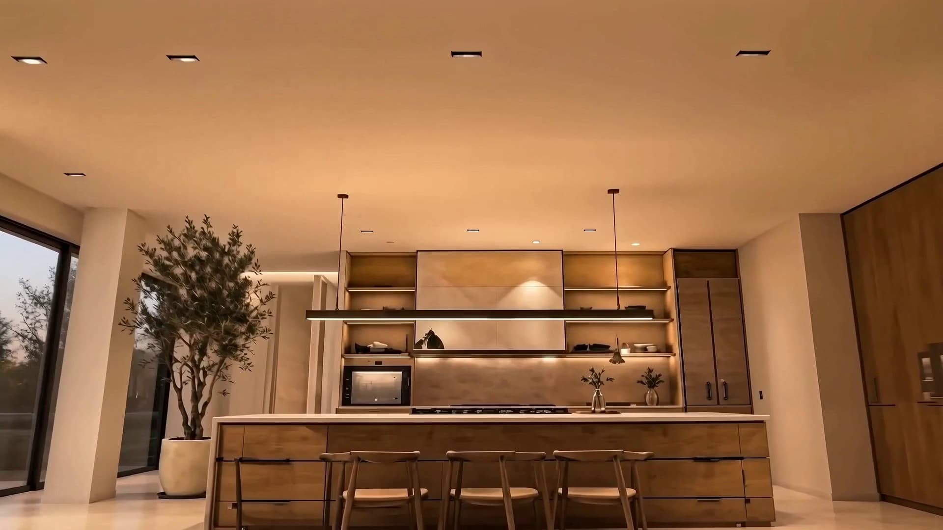 Cocina con isla de piedra y lámparas de bronce